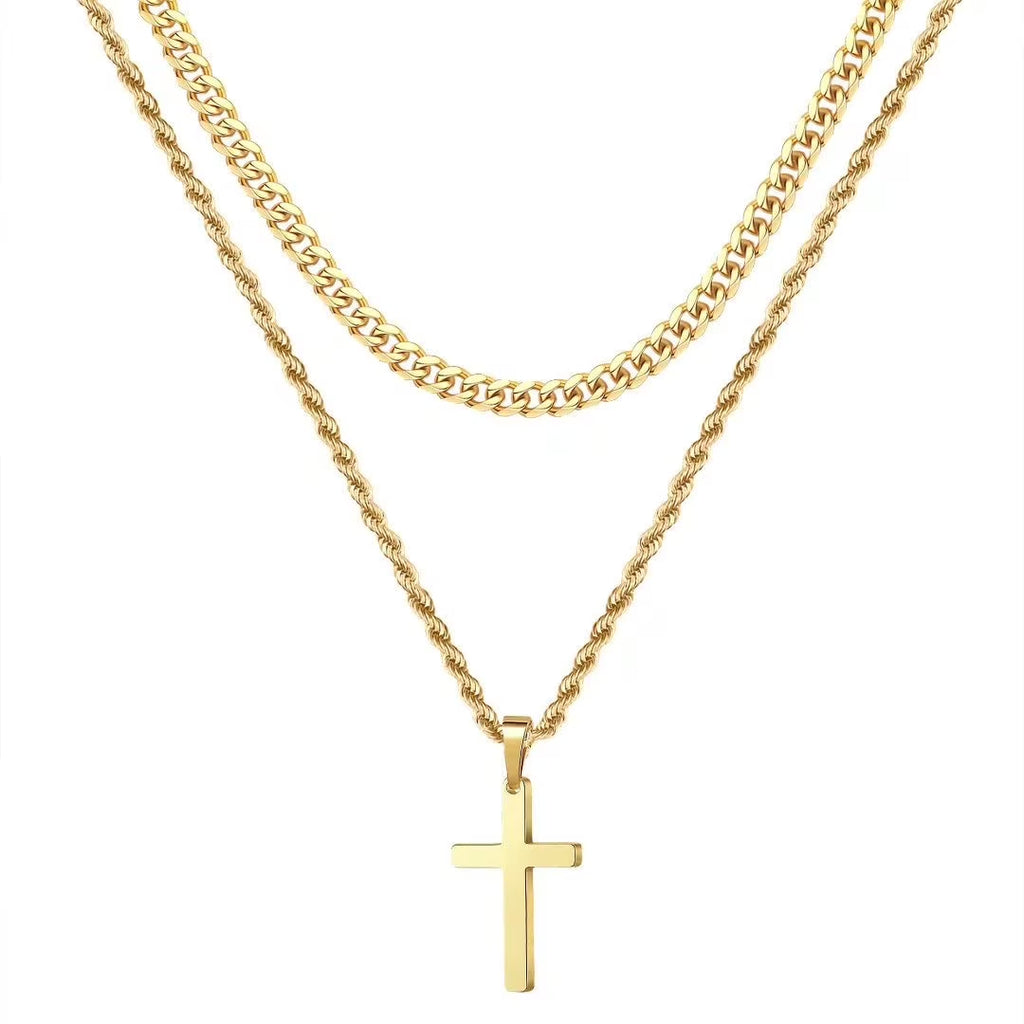 Turandoss Gold Cross Layered Necklaces for Men Stainless Steel Twist Rope Chain Jewelry Set