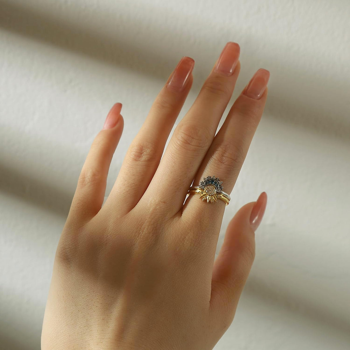 Celestial Sun and Moon Ring Set, Sparkling Sun Ring/Blue Moon Ring with 14K Gold/Silver Plating, Friendship Promise Ring, Stackable Celestial Rings, Gift for Women