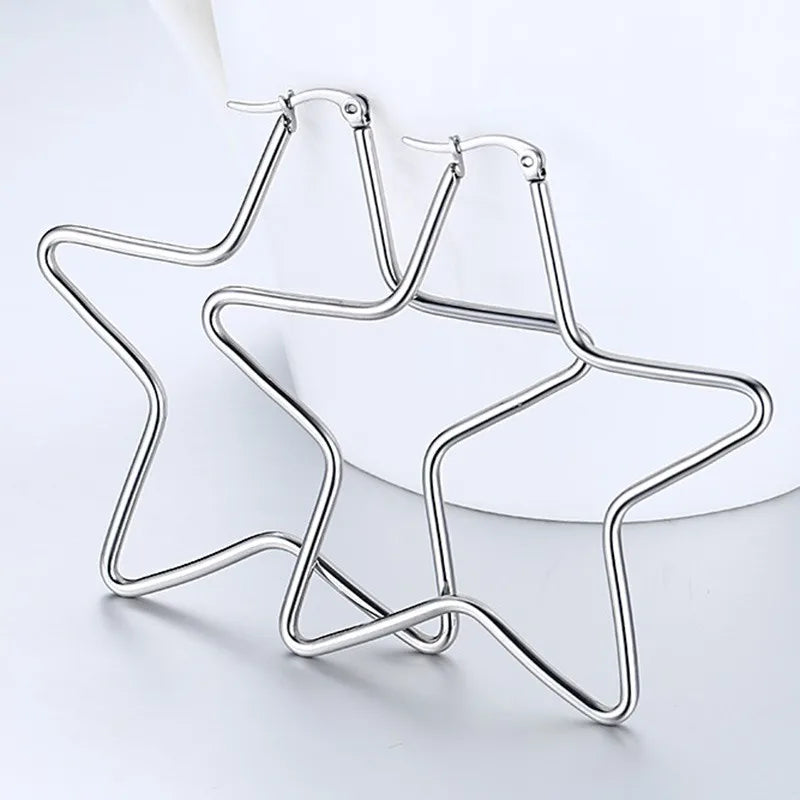 Large Star Hoop Earrings, Silver Color