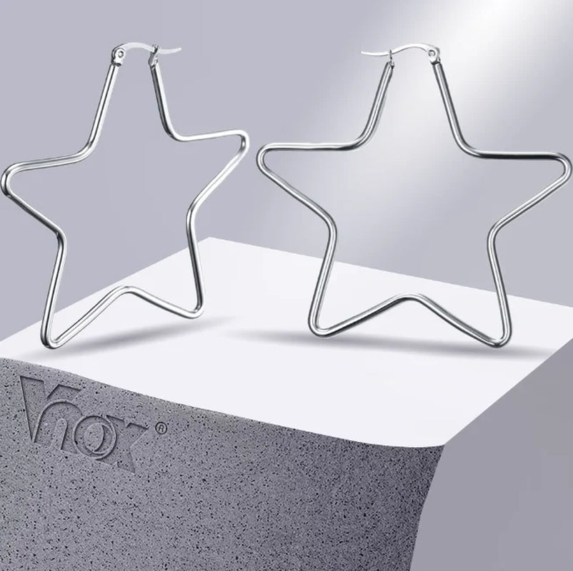 Large Star Hoop Earrings, Silver Color
