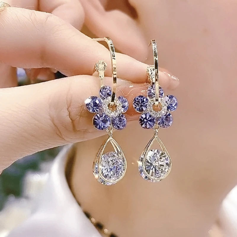 Vintage Elegant Purple Crystal Flower Petal Earrings