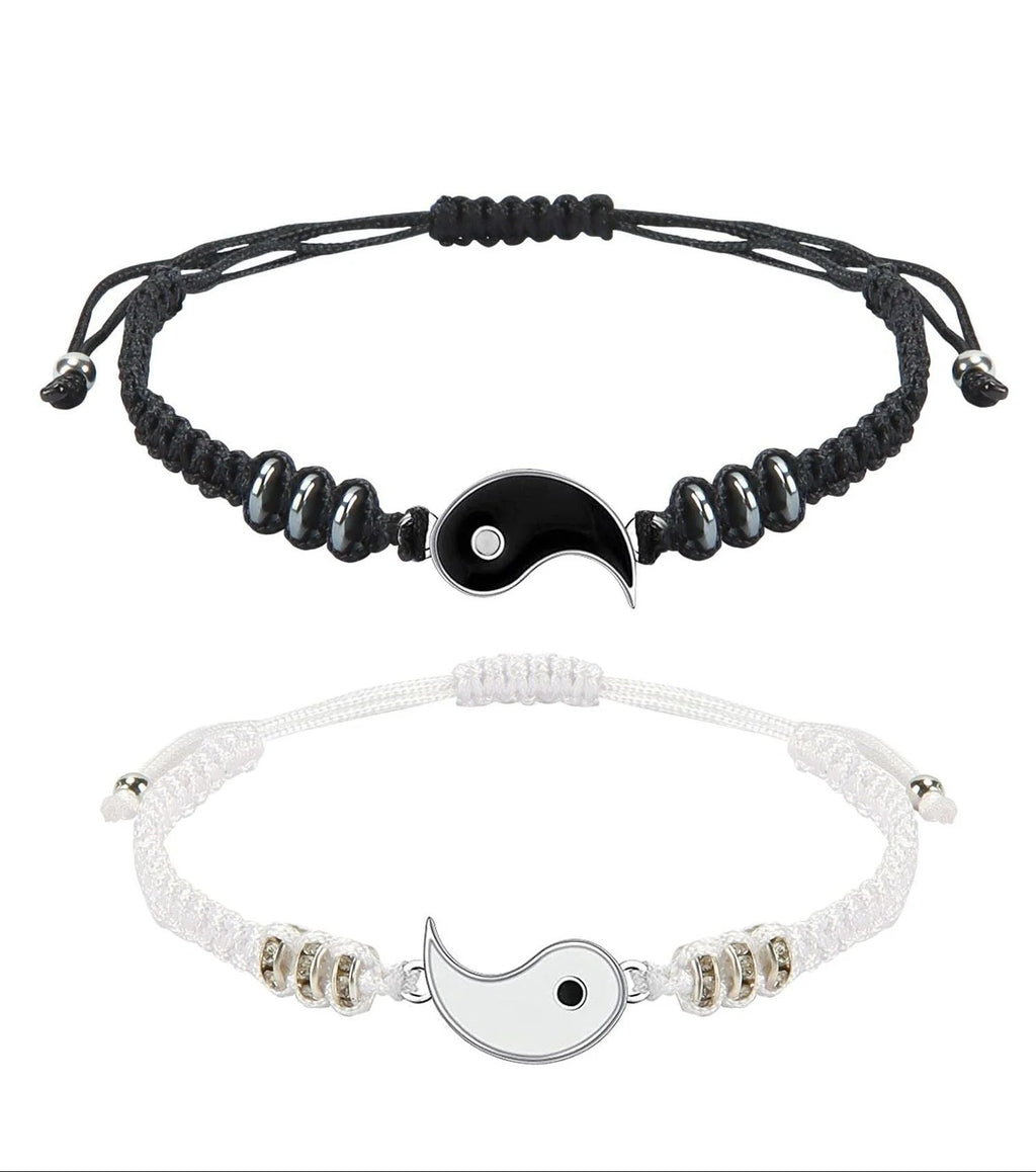 4 Pcs Matching Yin Yang Friend Couple Bracelets and Necklace Set, Adjustable Handmade Cord Relationship Bracelets for Friendship