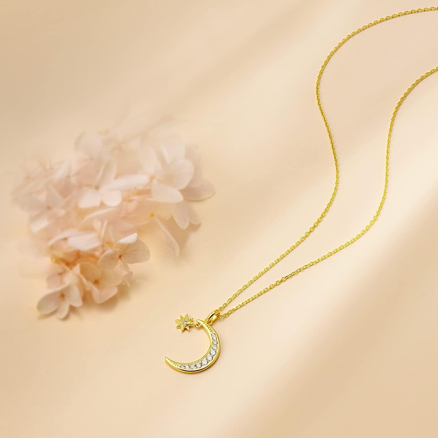 Gold Plated Moon Necklace Half Moon and Star Pendant