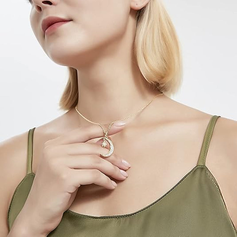 Gold Plated Moon Necklace Half Moon and Star Pendant