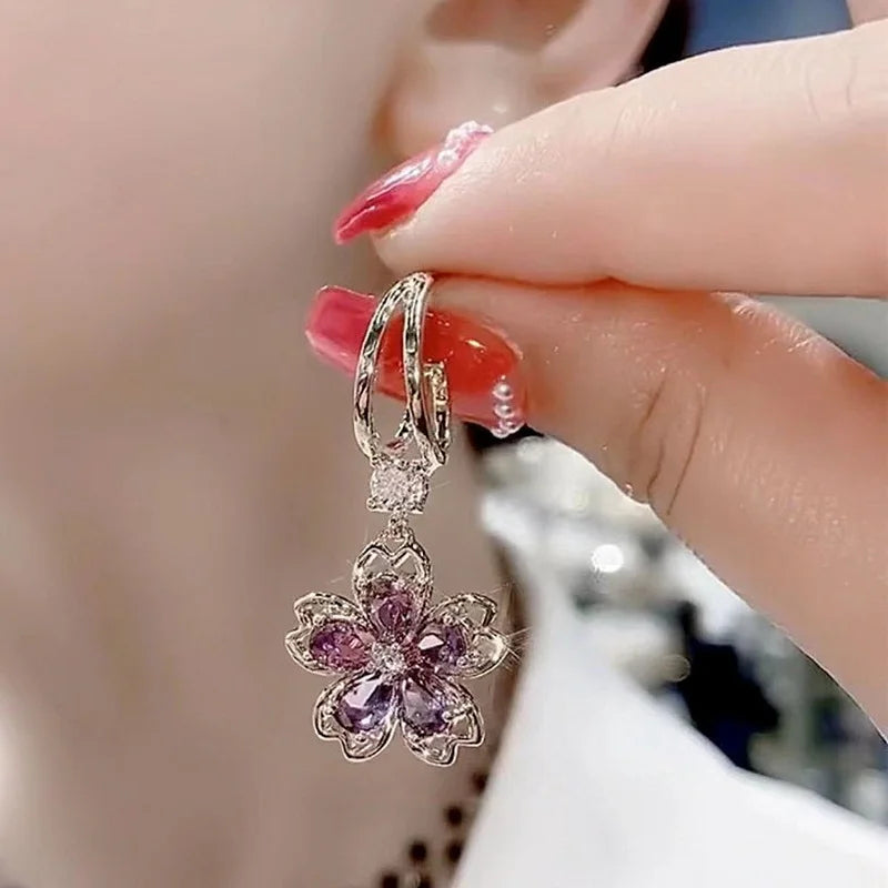 Vintage Elegant Purple Crystal Flower Petal Earrings