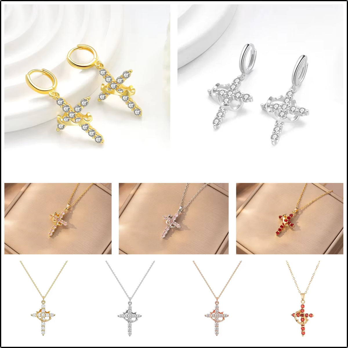Crown Rhinestone Cross Set: Choker Necklace, Earrings & Ring