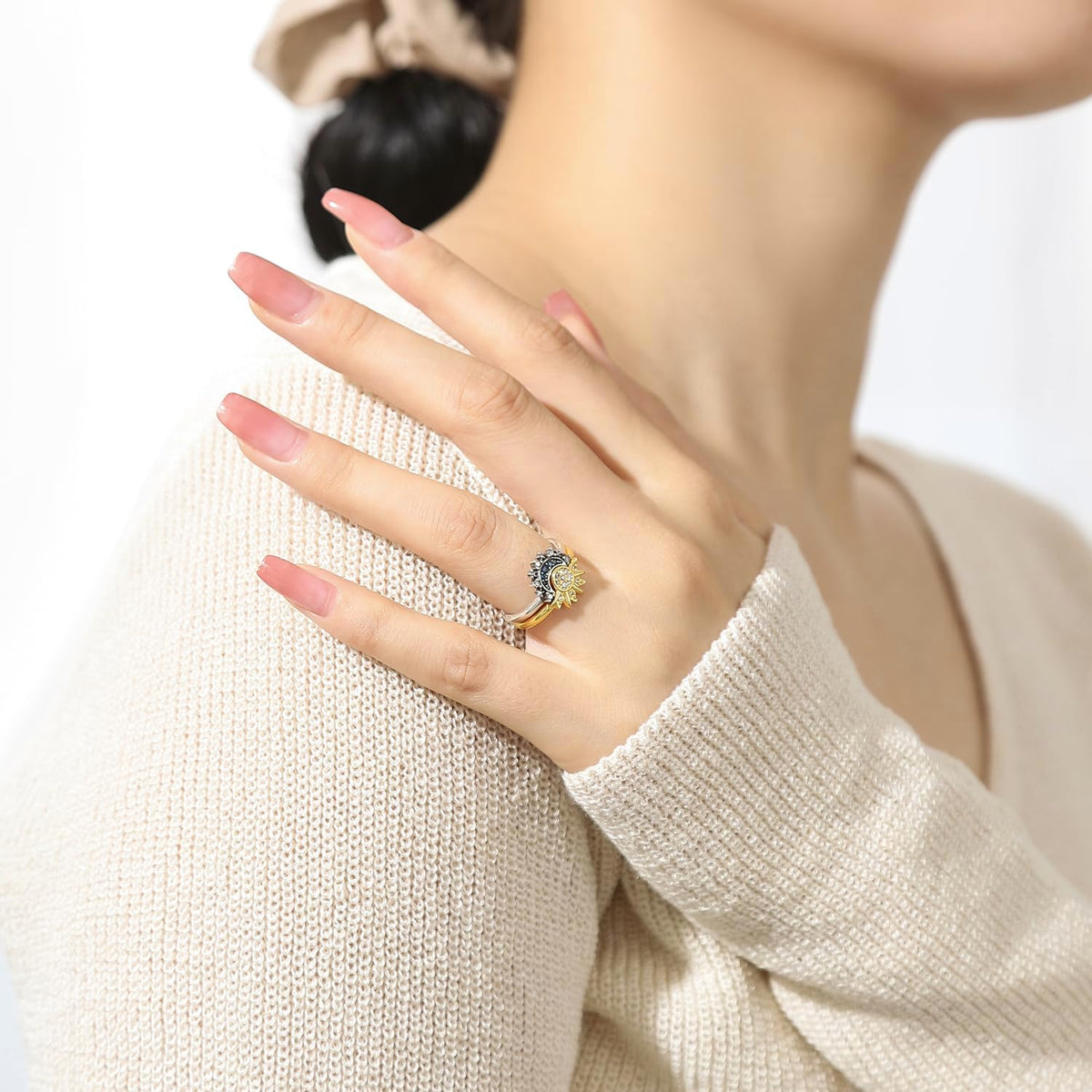 Celestial Sun and Moon Ring Set, Sparkling Sun Ring/Blue Moon Ring with 14K Gold/Silver Plating, Friendship Promise Ring, Stackable Celestial Rings, Gift for Women