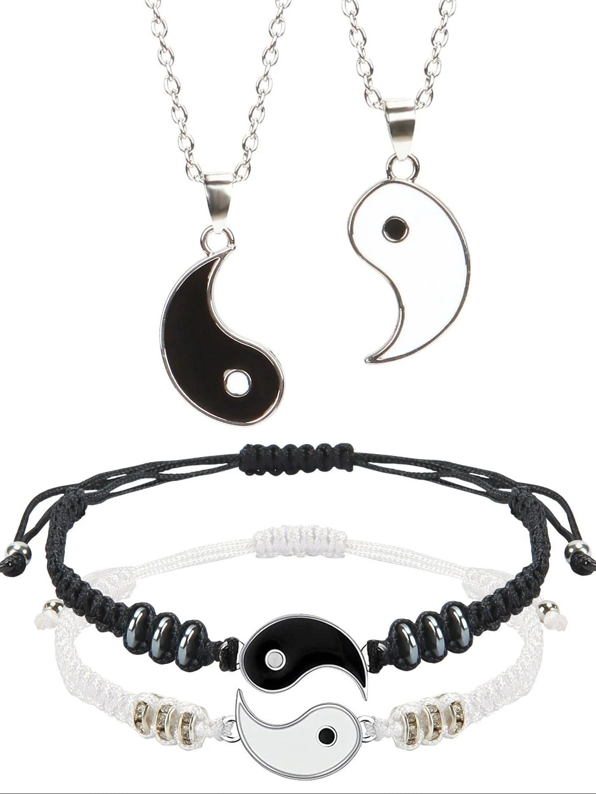 4 Pcs Matching Yin Yang Friend Couple Bracelets and Necklace Set, Adjustable Handmade Cord Relationship Bracelets for Friendship