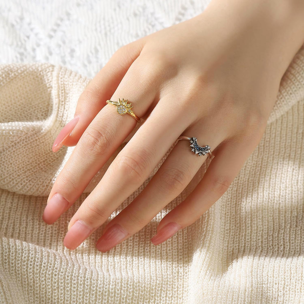 Celestial Sun and Moon Ring Set, Sparkling Sun Ring/Blue Moon Ring with 14K Gold/Silver Plating, Friendship Promise Ring, Stackable Celestial Rings, Gift for Women