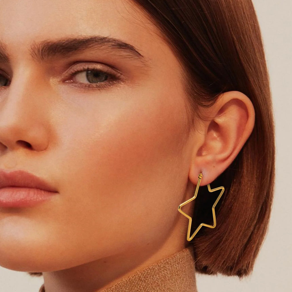 Large Star Hoop Earrings, Silver Color