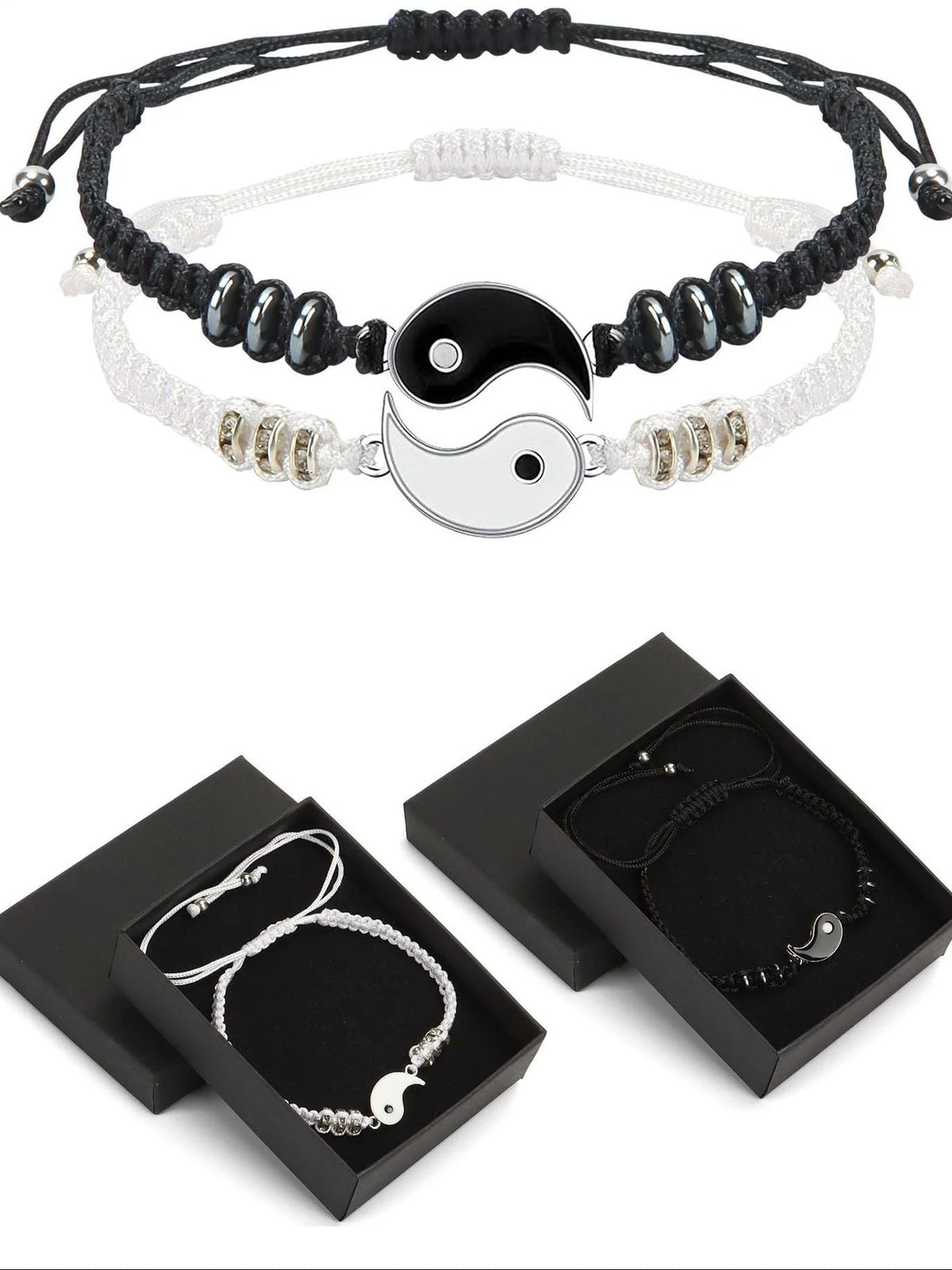 4 Pcs Matching Yin Yang Friend Couple Bracelets and Necklace Set, Adjustable Handmade Cord Relationship Bracelets for Friendship
