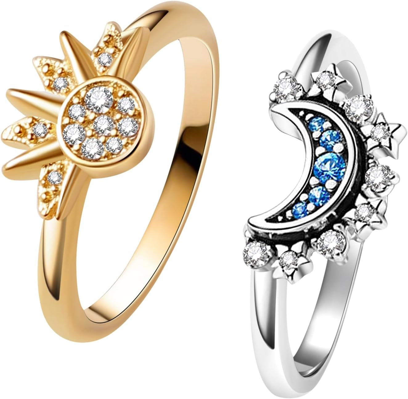 Celestial Sun and Moon Ring Set, Sparkling Sun Ring/Blue Moon Ring with 14K Gold/Silver Plating, Friendship Promise Ring, Stackable Celestial Rings, Gift for Women