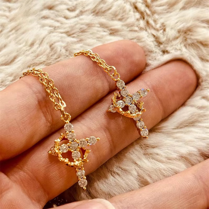 Crown Rhinestone Cross Set: Choker Necklace, Earrings & Ring