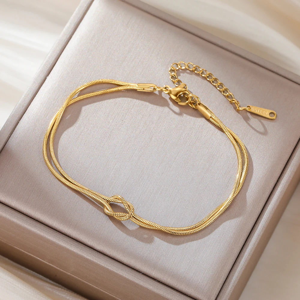 Double Snake Chain Love Knot Bracelet Stainless Steel Gold Color Adjustable Bracelets Women Men Couple Minimalist Jewelry