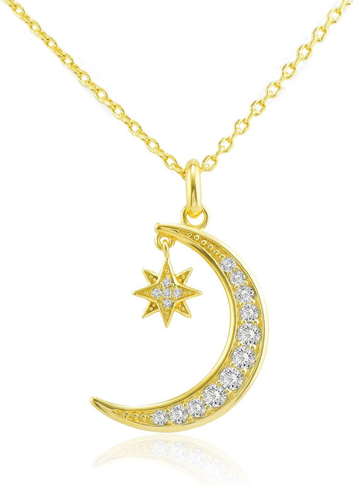 Gold Plated Moon Necklace Half Moon and Star Pendant