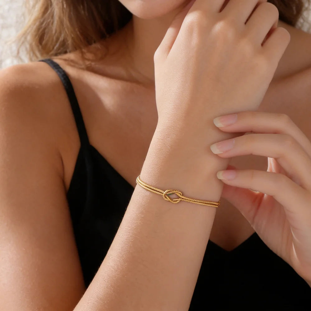 Double Snake Chain Love Knot Bracelet Stainless Steel Gold Color Adjustable Bracelets Women Men Couple Minimalist Jewelry