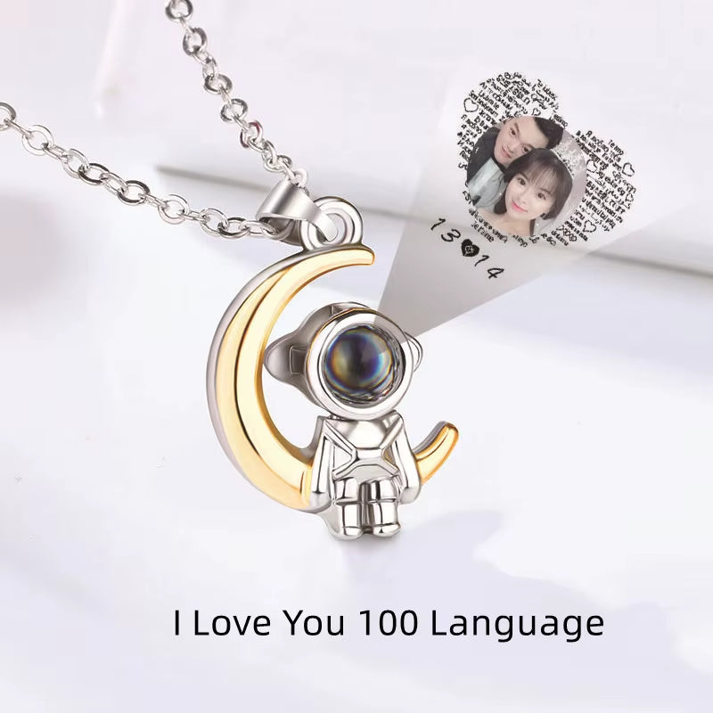 Astronaut Star Moon Pendant Couple Necklace for Women Men Lovers I Love You 100 Languages Projection Chain Necklace Jewelry Gift