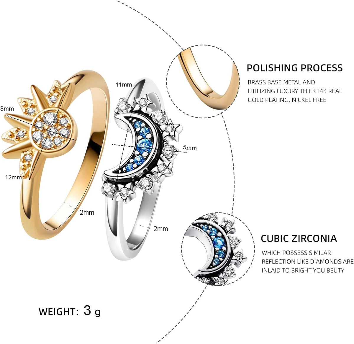 Celestial Sun and Moon Ring Set, Sparkling Sun Ring/Blue Moon Ring with 14K Gold/Silver Plating, Friendship Promise Ring, Stackable Celestial Rings, Gift for Women