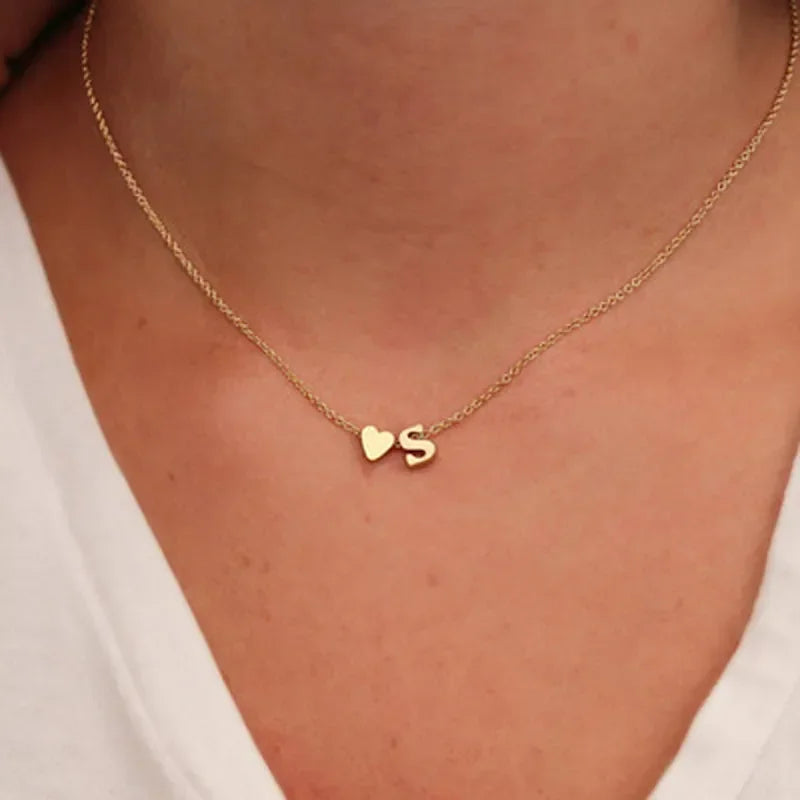 Tiny Heart Dainty Initial Necklace, Gold/Silver Letter Choker