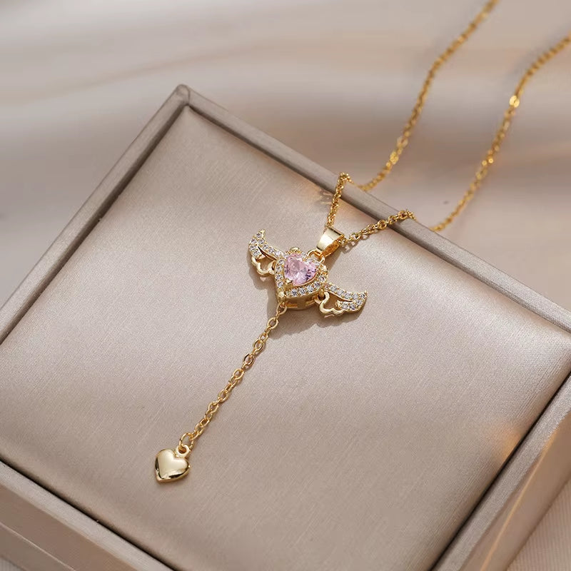 316L Stainless Steel Gold Color Cupid Angel'S Wings Pendant Necklace for Women Girls Clavicle Chain Party Jewelry Gift