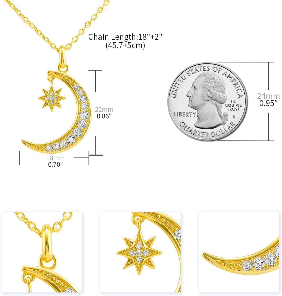 Gold Plated Moon Necklace Half Moon and Star Pendant