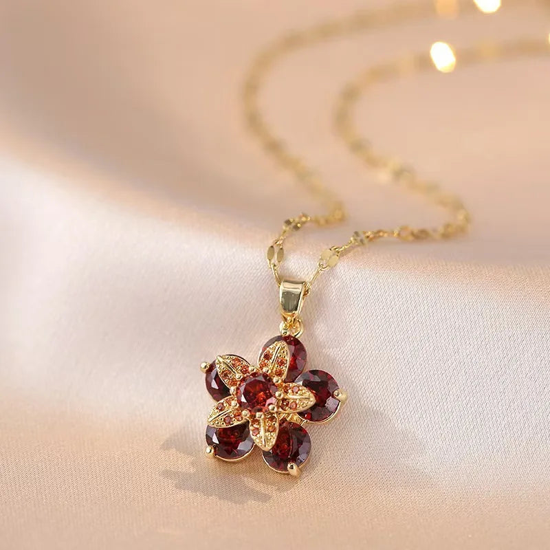 Light Luxury Spin Zircon Flower Pendant Necklace for Women Gold Color Quality High Sense Chain Necklaces Party Jewelry Gifts